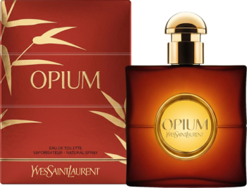 Ciemnobrązowa butelka Opium YSL EDT i czerwone pudełko ze złotym bambusowym wzorem, widok z przodu.
