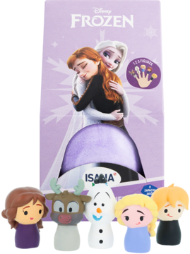 Kula do kąpieli Isana Kids Frozen, fioletowe pudełko z Elsą i Anną, obok 5 figurek z bajki: Olaf, Sven, Elsa.