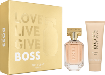 Złoty zestaw prezentowy Boss The Scent For Her: perfumy 50ml i mleczko 75ml. Opakowanie z napisem LOVE LIVE GIVE.