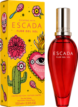 Escada Flor del Sol EDT, limitowana edycja. Żółte pudełko z meksykańskimi wzorami i czerwona butelka perfum.