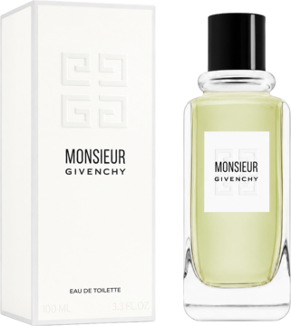 Męska woda toaletowa Monsieur Givenchy, jasna butelka z czarną nakrętką i białe pudełko, widok z przodu.