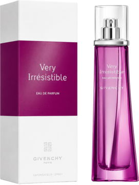 Givenchy Very Irresistible EDP, magenta butelka obok białego pudełka. Kwiatowy zapach, widok przód-bok.