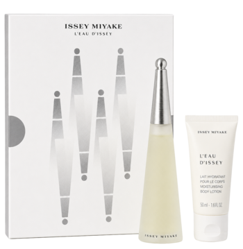 Zestaw Issey Miyake L'eau d'Issey: białe pudełko, elegancki flakon wody toaletowej i tubka mleczka 50ml.