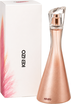 Kenzo Jeu d'Amour woda perfumowana, elegancki flakon w kolorze różowego złota obok białego pudełka z różowym piórem.