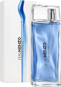 Perfumy męskie Kenzo L'Eau Kenzo Pour Homme: błękitna butelka obok białego pudełka z niebieską falą.
