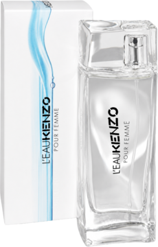 L'EAU KENZO pour Femme: butelka perfum obok białego pudełka z błękitnym wzorem, widok z przodu.