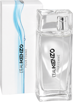L'eau Kenzo pour Femme, świeży zapach w przezroczystej butelce, obok białe pudełko z niebieskimi falami.