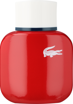 Czerwony flakon perfum Lacoste dla kobiet z białym korkiem i logo aligatora, ujęcie frontalne pod lekkim kątem.