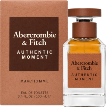 Abercrombie & Fitch Authentic Moment EDT dla mężczyzn. Brązowa butelka i kartonowe opakowanie, widok z przodu.