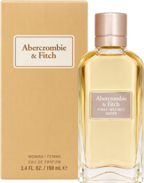 Złocista butelka Abercrombie & Fitch First Instinct Sheer EDP 100ml i pasujące beżowe pudełko, widok z przodu.
