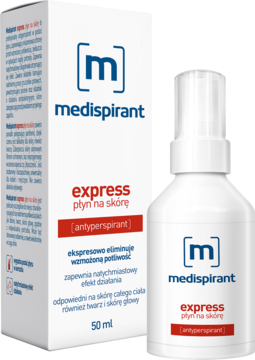 Medispirant Express płyn antyperspirant 50ml w białej butelce spray, obok opakowania kartonowego, widok z przodu.