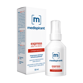 Medispirant Express płyn na skórę, biała butelka z atomizerem i pudełko, widok z przodu, czerwone napisy.