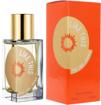 Etat Libre d'Orange Like This perfumy dla kobiet, szklana butelka ze złotym korkiem i pomarańczowe pudełko obok.