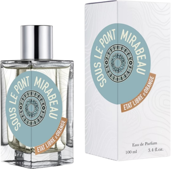 Perfumy Sous Le Pont Mirabeau, szklany flakon z tealową etykietą i pasujące białe pudełko, przód.