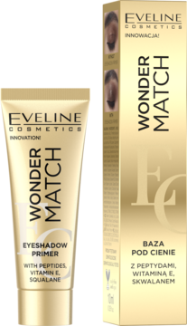 Eveline Wonder Match Eyeshadow Primer: złota tubka i pudełko. Widok z przodu. Baza pod cienie z peptydami.