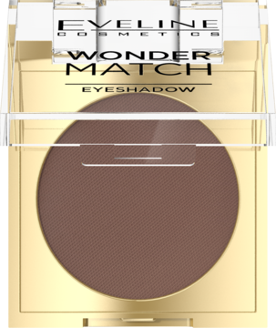Eveline Wonder Match, brązowy matowy cień do powiek w złotym etui z przezroczystym wieczkiem, widok z przodu.