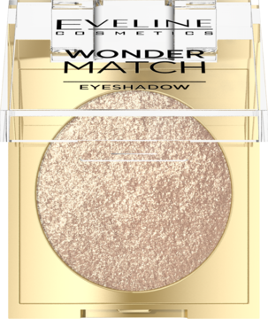 Eveline Wonder Match Eyeshadow Golden Glow, jasnozłoty, błyszczący cień w kwadratowym opakowaniu.