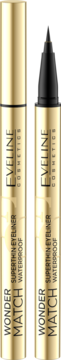 Eveline Wonder Match wodoodporny eyeliner, złoty, z czarną końcówką, obok otwarty z pędzelkiem.
