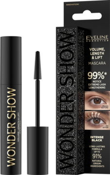 Eveline Wonder Show tusz Intense Black, obok otwarty aplikator i pudełko z hasłem 99% wydłużenia.