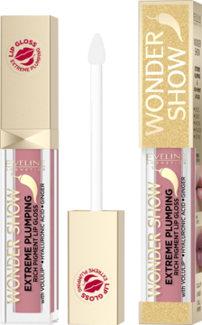 Eveline Wonder Show Extreme Plumping Lip Gloss Candy, w otwartej tubce z aplikatorem i w złotym kartoniku.