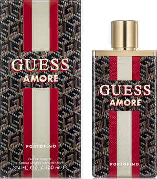 Guess Amore Portofino EDT, szklany flakon i pudełko z wzorem "G" oraz czerwono-białymi pasami, widok z przodu.