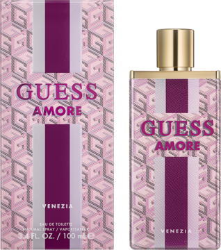 Guess Amore Venezia woda toaletowa, flakon 100ml z pudełkiem. Różowo-purpurowe paski, geometryczny wzór.