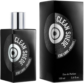 Czarna butelka EDP Etat Libre d'Orange Clean Suede i matowy kartonik, ze srebrnym okrągłym logo, widok z przodu.