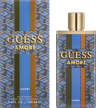 Guess Amore Capri EDT, zapach, butelka i pudełko z niebiesko-złotym wzorem na jasnoszarym tle. Widok z przodu.