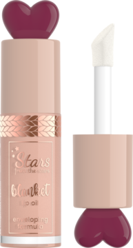 Stars from The Stars Blanket Lip Oil Cozy Nude, serduszkowy korek, widok na zamkniętą butelkę i otwarty aplikator.