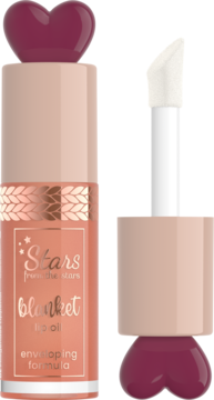 Olejek do ust Stars from The Stars Blanket Warm Delight. Brzoskwiniowy flakon z sercem i widok aplikatora.