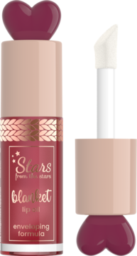 Stars from The Stars Blanket Burgundy Bliss olejek do ust. Butelka z serduszkiem i aplikatorem, otwarte opakowanie.