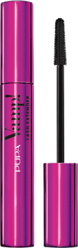Metaliczny fuksjowy tusz Pupa Vamp! Lash Extender z otwartą butelką i czarną szczoteczką.