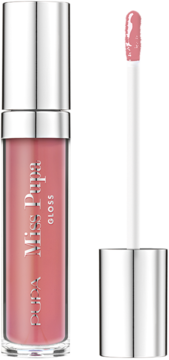 Różowy błyszczyk Miss Pupa Gloss 402 Blossom Pink, butelka i aplikator z żelem obok.