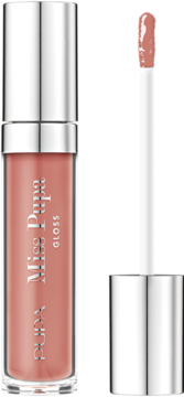 Błyszczyk Miss Pupa Gloss 405 Blush Nude, przezroczysta butelka ze srebrną nakrętką i aplikatorem obok.