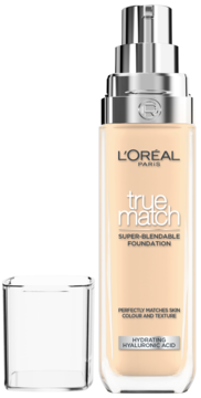 L'Oréal True Match, jasnobeżowy nawilżający podkład w szklanej butelce z pompką, z odkręconą zakrętką obok.