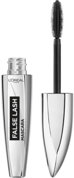 Otwarta maskara L'Oréal False Lash wydłużająco-pogrubiająca, srebrna butelka, czarny aplikator z silikonową szczoteczką.