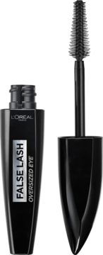 Otwarta czarna maskara L'Oréal False Lash Oversized Eye z widoczną spiralną szczoteczką do rzęs.