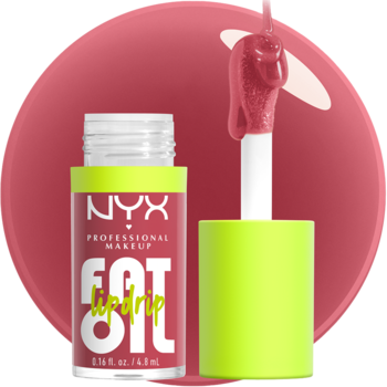 NYX Fat Oil Lip Drip w odcieniu Chillin' Like A Villian, otwarta buteleczka z neonowo-żółtym korkiem i różowym aplikatorem.