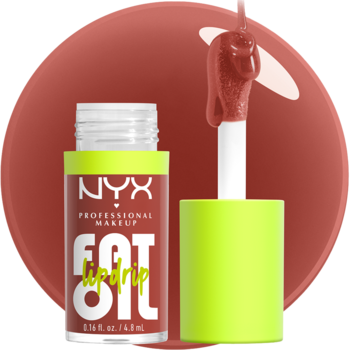 Otwarty błyszczyk NYX Fat Oil w odcieniu Splash Of Cream, z aplikatorem pełnym błyszczącego rdzawego olejku. Neonowa nakrętka.