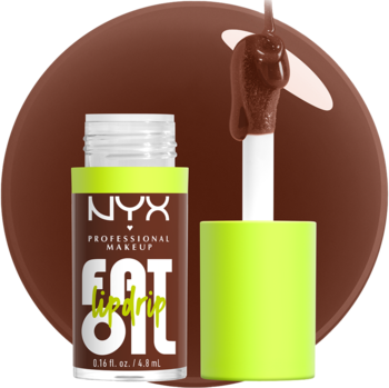 NYX Fat Oil Lip Drip w odcieniu Livin' The Cream, brązowy błyszczyk z neonowo-zieloną nakrętką, otwarty, z aplikatorem.