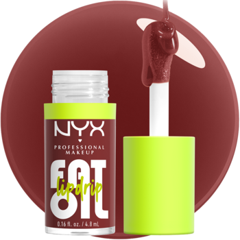 Zbliżenie na błyszczyk NYX Fat Oil w kolorze Sprinkle, z otwartym aplikatorem kroplącym ciemny olejek.