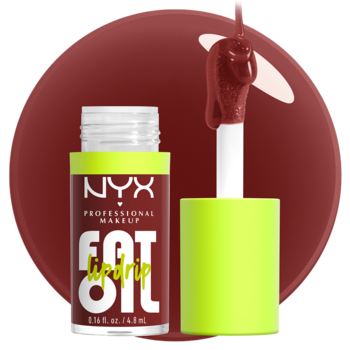 NYX Fat Oil Lip Drip Inside Scoop, ciemnobrązowy błyszczyk z aplikatora, w otwartej butelce z neonowym korkiem.