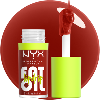 NYX Fat Oil Lip Drip, czerwony błyszczyk z neonową zieloną nasadką, aplikator z kroplą glossu.
