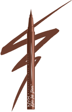 NYX Epic Ink Liner w kolorze Graham Cracker, brązowy eyeliner w pisaku z elastyczną końcówką i dynamicznym śladem na czarnym tle.