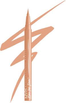 NYX Epic Ink Liner Lil Toasty: jasnobrązowy eyeliner w pisaku z dużą kreską w tle na czarnym tle.