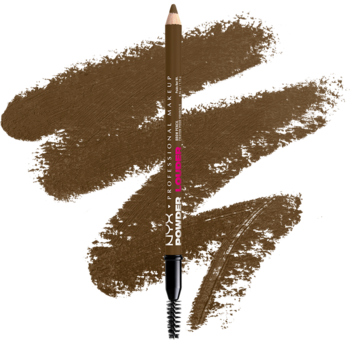 NYX Professional Makeup Powder Louder kredka do brwi w kolorze Soft Brown z szczoteczką, na brązowych swatches.