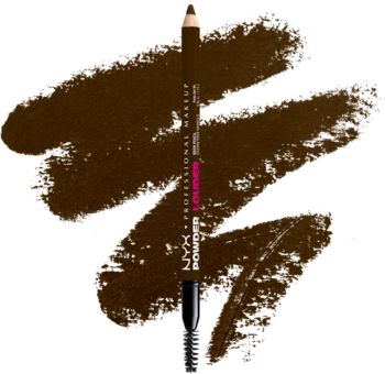 Brązowa kredka do brwi NYX Powder Louder Ash Brown, z czarną nasadką, na tle dopasowanej brązowej smugi.