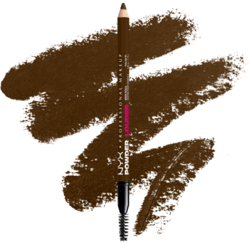 NYX Powder Louder kredka do brwi w kolorze Espresso z pędzelkiem, na czarnym tle z brązowymi swatchami.