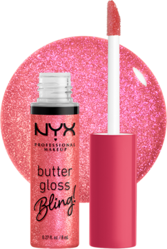 NYX Butter Gloss Bling! Łososiowy brokatowy błyszczyk do ust z aplikatorem i lśniącą smugą produktu na tle.