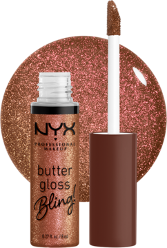 Otwarty błyszczyk NYX Butter Gloss Bling! w kolorze Hustla. Widoczny aplikator i błyszcząca plama na tle.